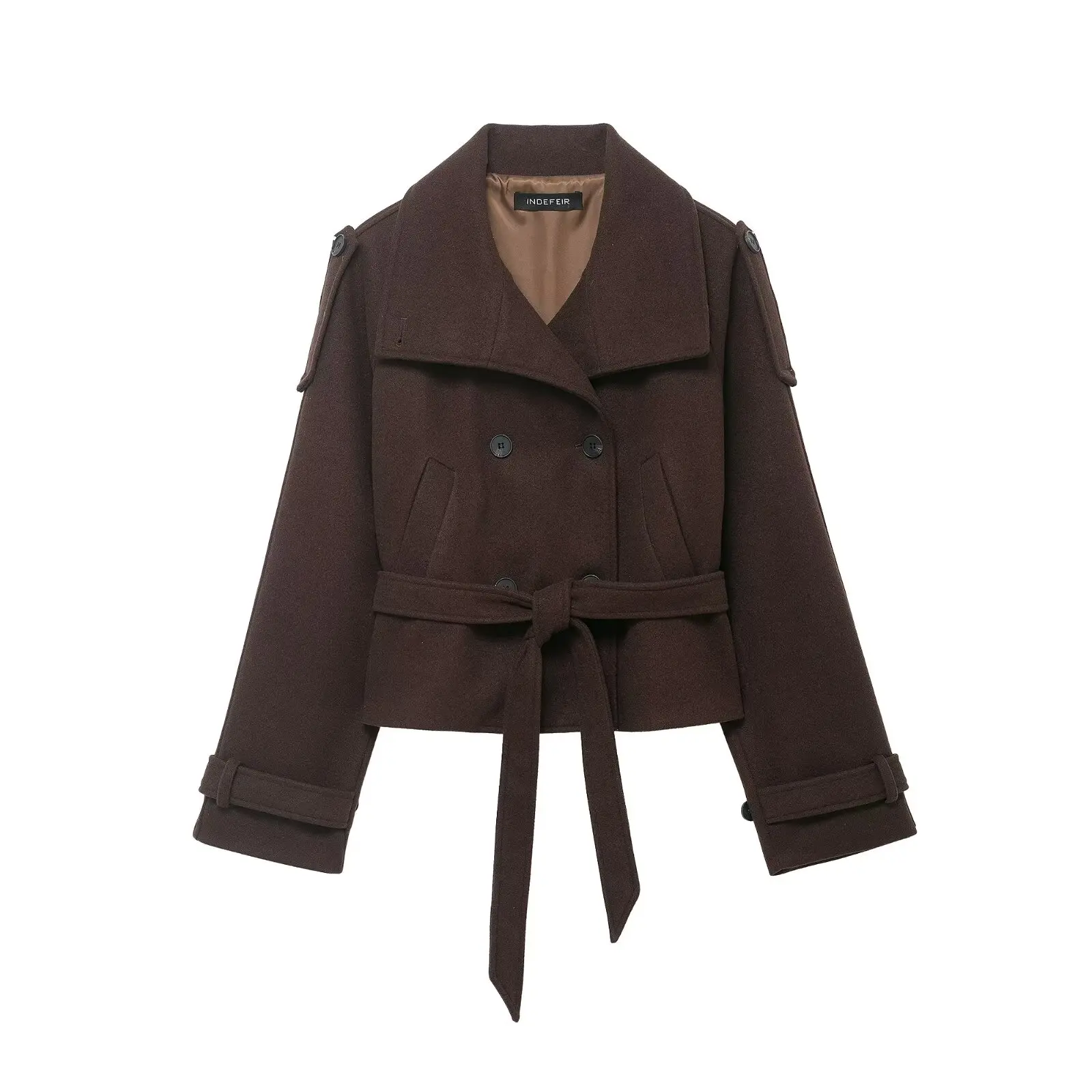 HH Damen Winter Mode Hochkragen Doppelreihiger Gürtel Kurze Jacke Damen Langarm Casual Vielseitige Pendler-Jacke – Detail 3