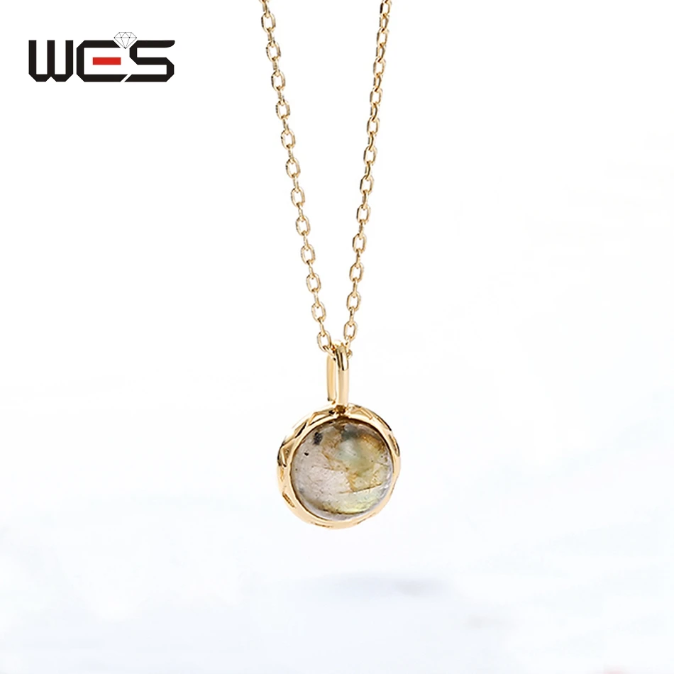 WES 925 Sterling Silver Single Stone Labradorite Pendant Necklace for Women Gold Plated Fine Jewelry Engagement Band