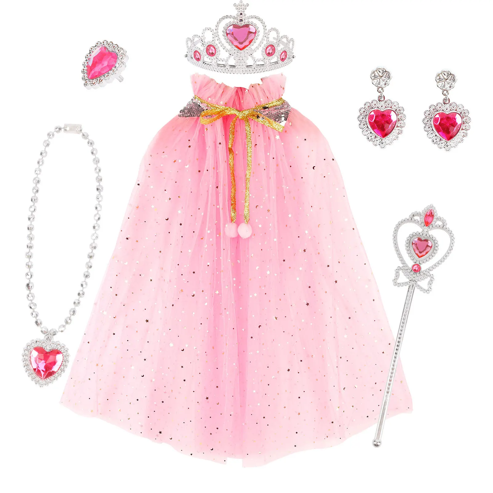Princess Cape Set 7PCS Girls Princess Cloak with Tiara Crown, Wand for Little Girls Dress up Toy,Helloween,birthday,Xmax gift