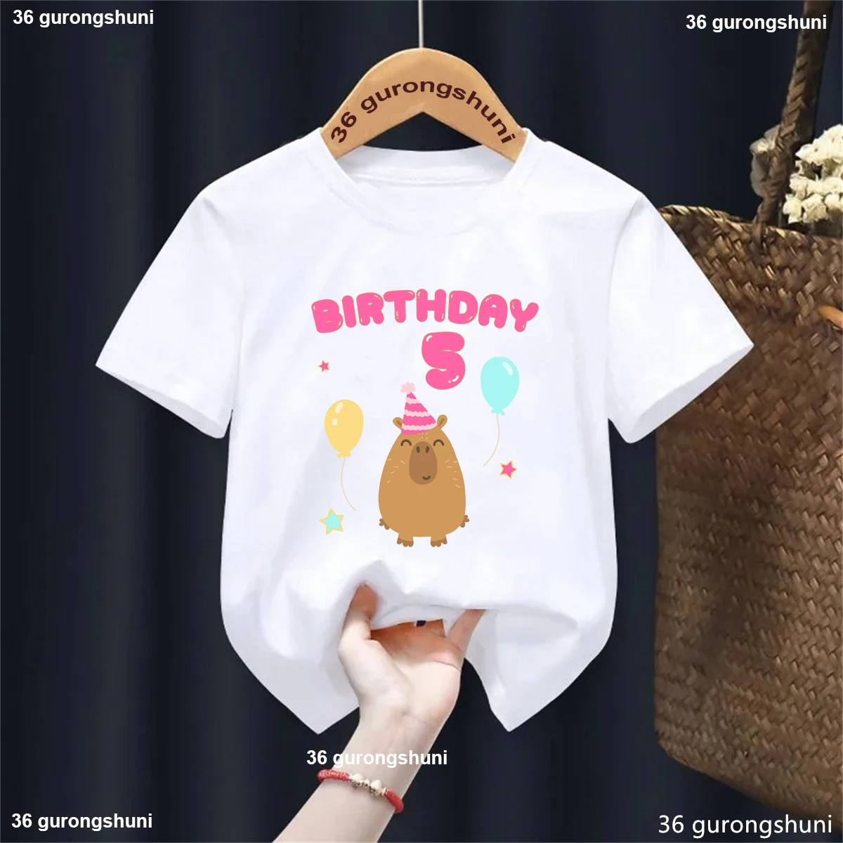 5th/6th/7th/8th/9th Birthday Capybara Balloon Printed Tshirt Girls/Boys Funny Kawaii Kids Clothes Fashion Solid T-Shirt Tops 2