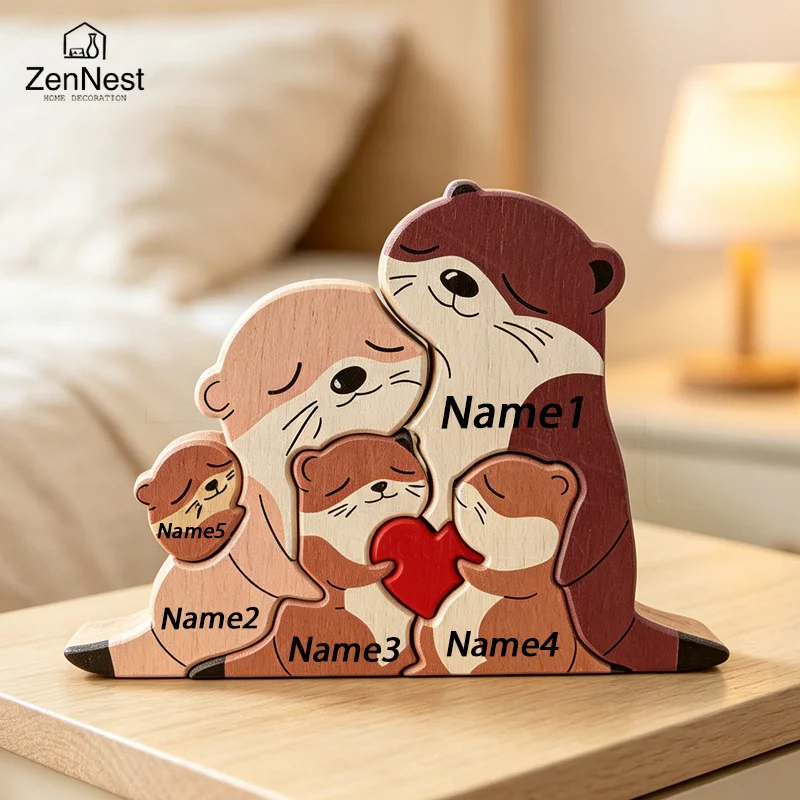 Charming Otter Family Wooden Puzzle Ornament with Red Heart - Perfect for Home or Office Décor and Thoughtful Gift
