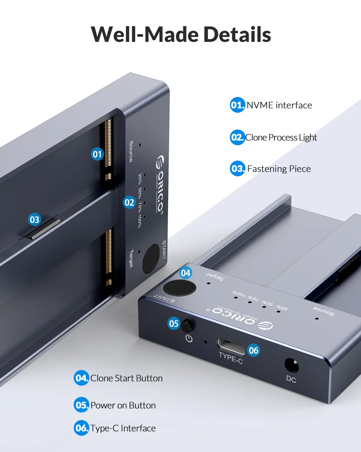 ORICO M.2 NVMe Cloner Dual Bay NVMe USB C to SSD Enclosure Aluminum M.2 Duplicator Offline Clone for PCIe M-Key SSDs 8TB external hard drive case,ssd enclosure,hard drive enclosure
