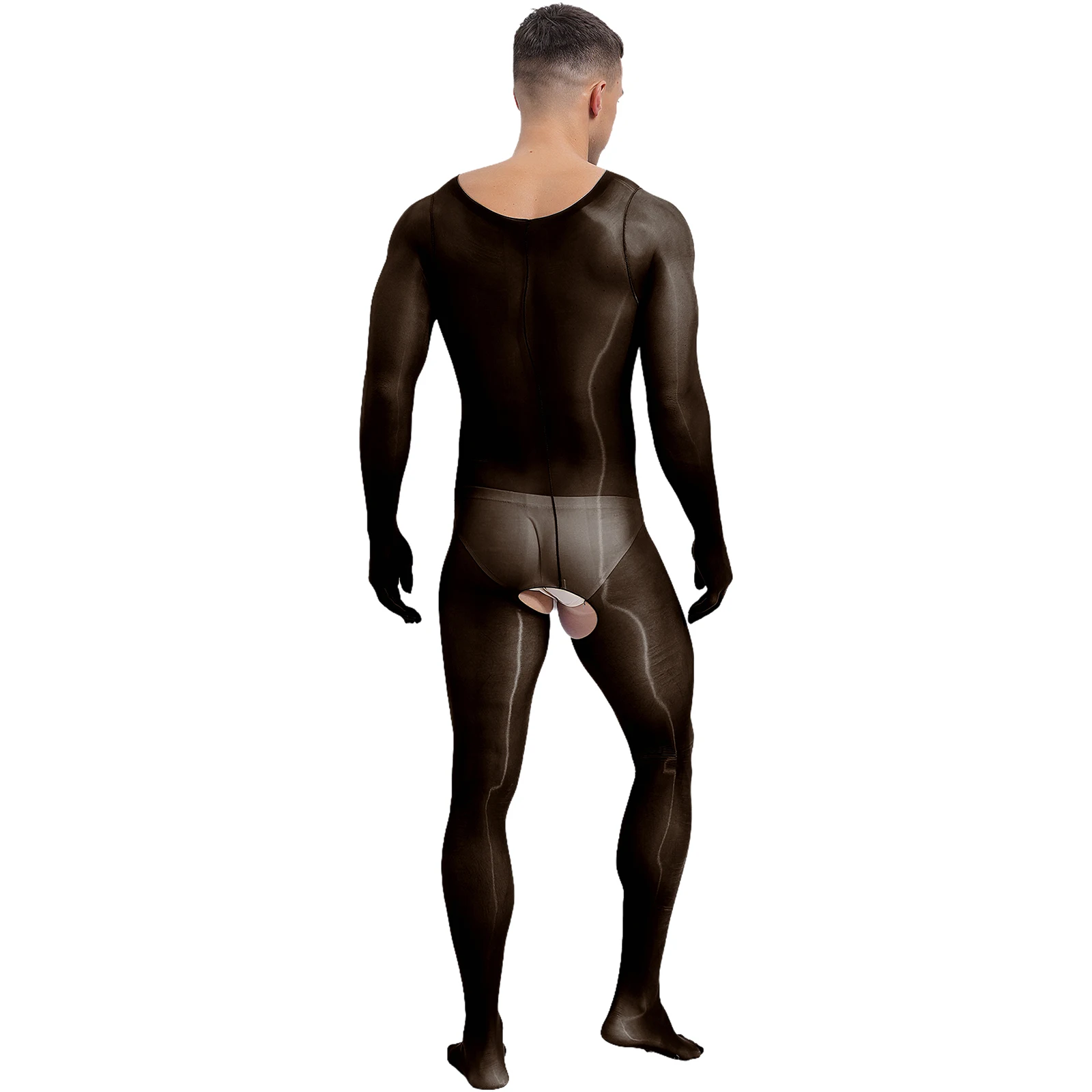 Mens Glossy See-through Full-body Bodysuit Underwear Long Sleeve Full Finger Gloves Bodystockings Jumpsuit Unitard Nightwear