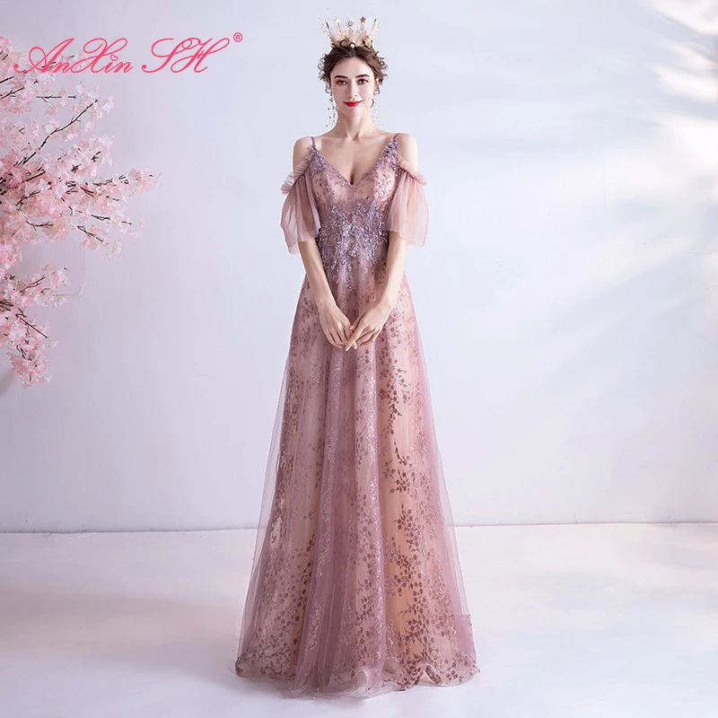 

AnXin SH princess pink flower lace evening dress party spaghetti strap ruffles beading crystal sparkly a line evening dress 5726