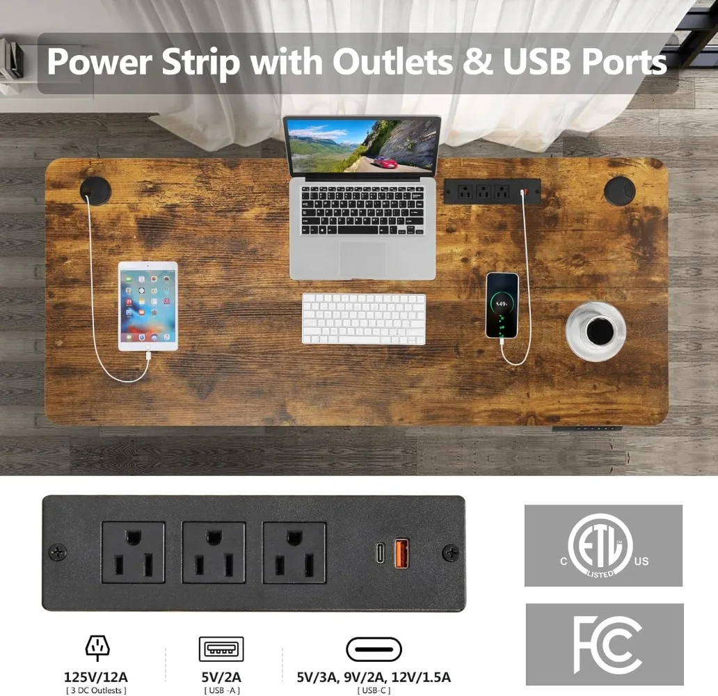 Electric Standing Desk with Wheels, 63'' x 24'' Standing Desk Adjustable Height with Charging Station, 2 USB Ports, 3 Outlets 4