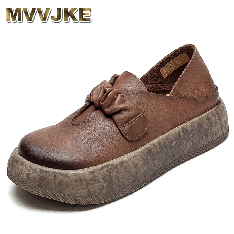 

Retro Flat Platform Shoes 2024 Autumn New Genuine Leather Thick Sole Loafers Women Soft Sole Slip-on Shoes