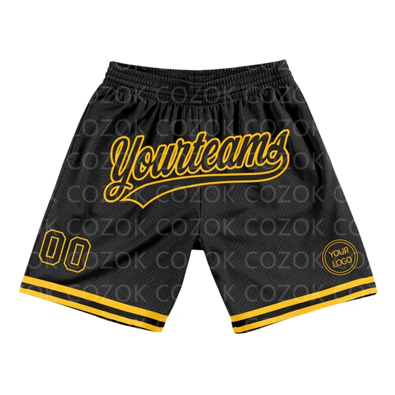 Custom Black Yellow Authentic Basketball Shorts 3D Printed Men Shorts Name Mumber Quick Drying Beach Shorts