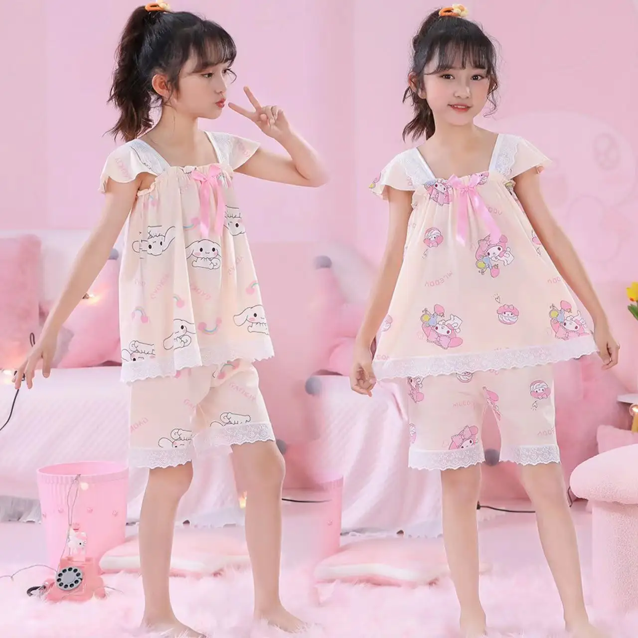 

Kawaii Sanrio аниме Cinnamoroll My Melody Kuromi детские пижамы летние Мультяшные Девушки без рукавов жилет шорты милая искусственная кожа