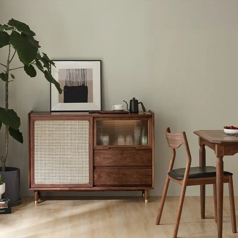 

Nordic solid wood sideboard, black walnut wood, double door, modern living room, entrance storage, pantry, wine cabinet