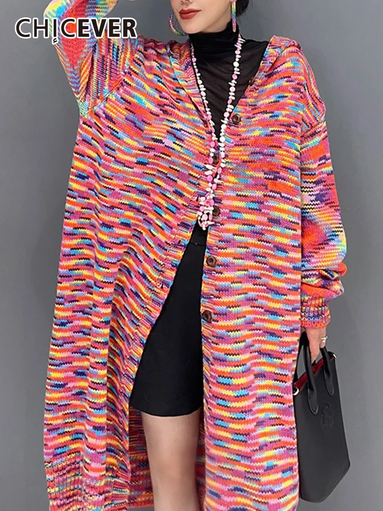 

CHICEVER Vintage Hit Color Cardigan For Women Hooded Long Sleeve Single Breasted Korean Minimalist Knitting Chic Sweater Female