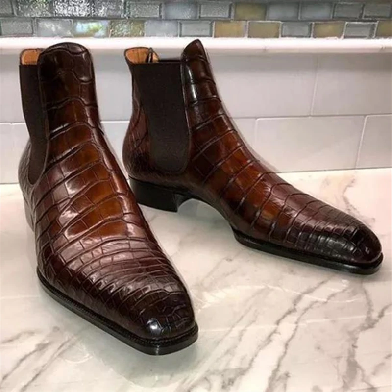 New Brown Chelsea Boots for Men Black Business Pointed Toe Slip-On Crocodile Pattern Handmade Men's Short Boots