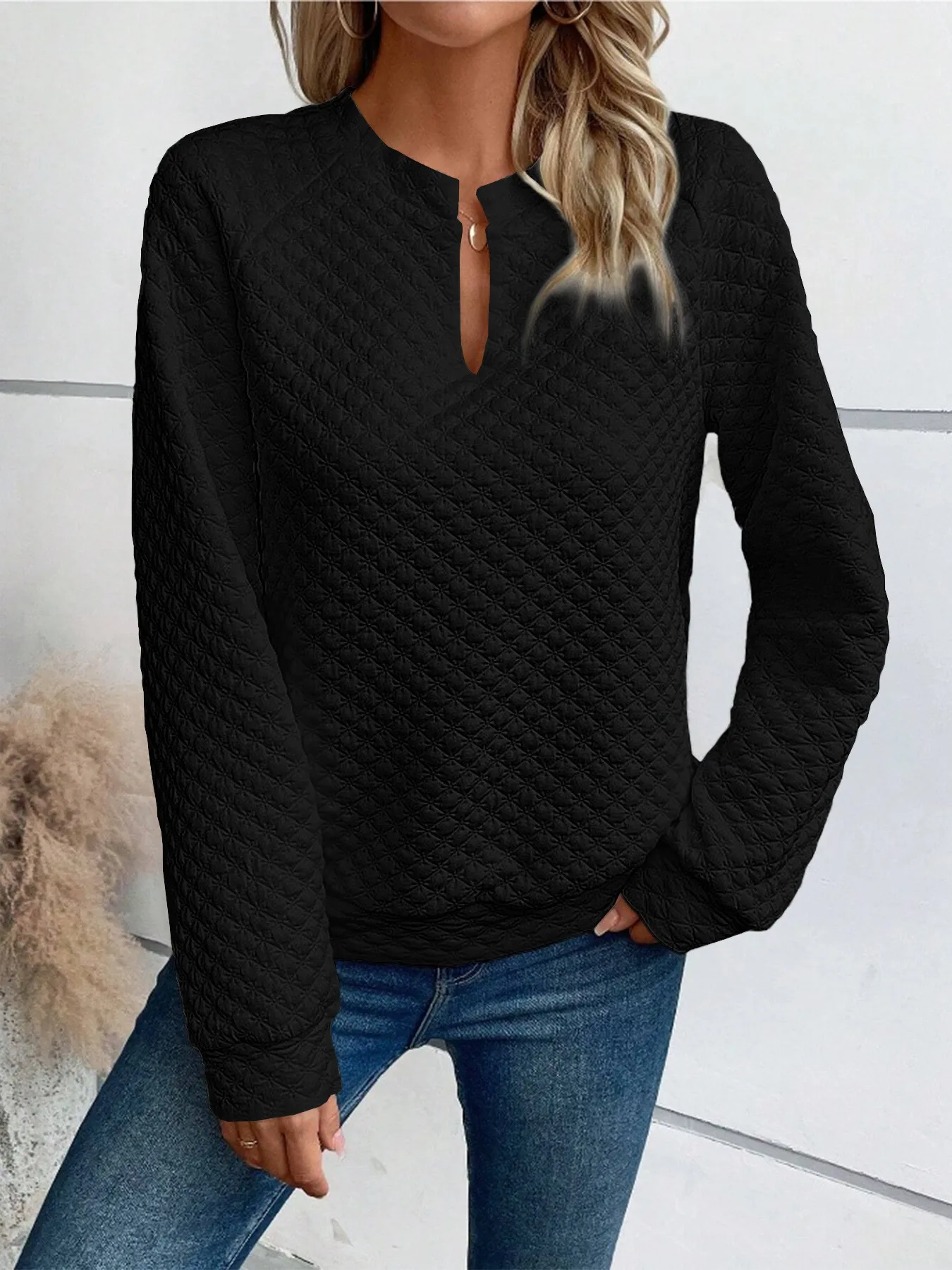 Casual Patchwork Slim Fit Commuter Hoodie with V Neck Regular Sleeve Long Sleeve Women Sweatshirt Autumn Mid Length No Hood