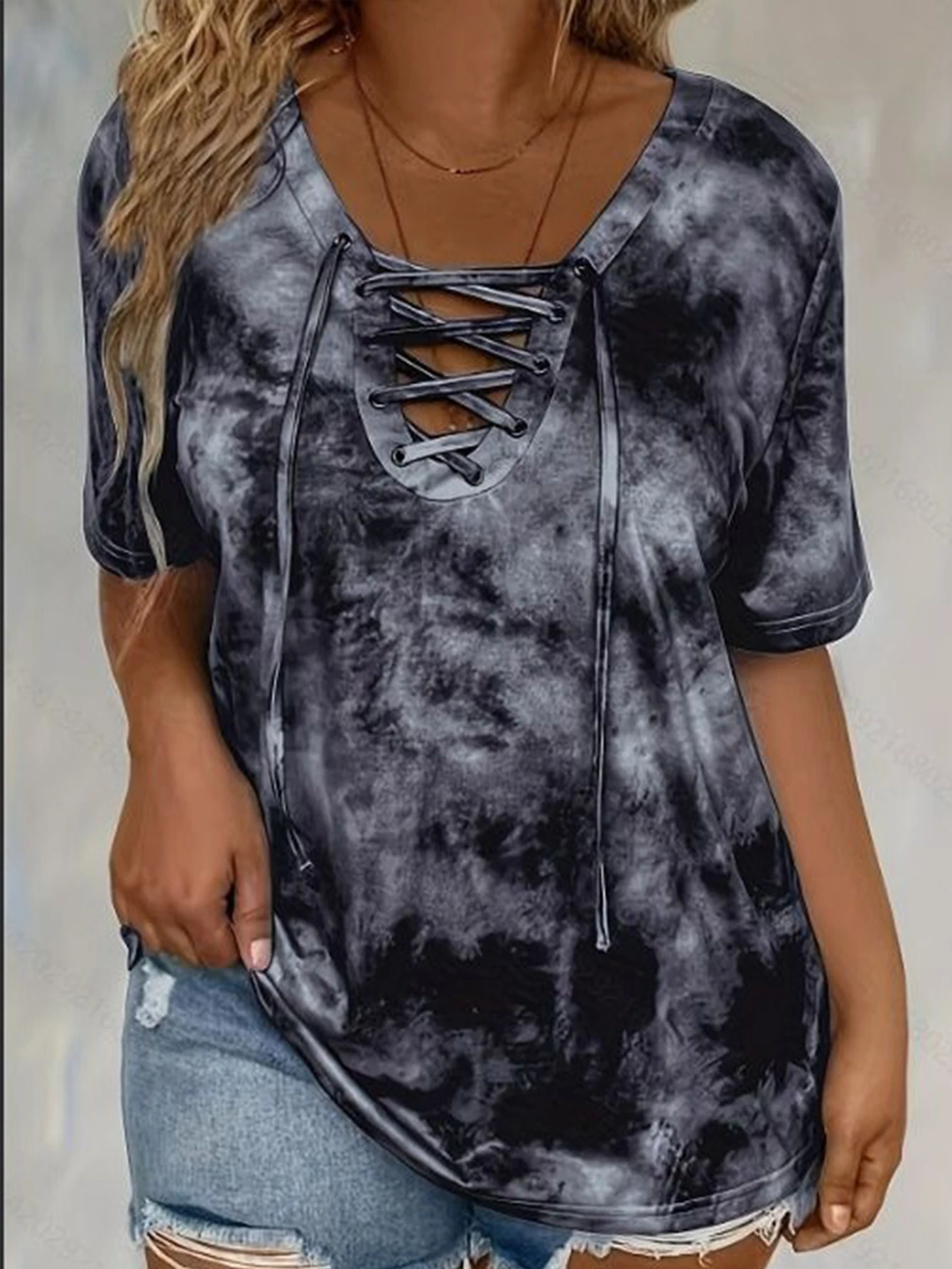 Plus size tie-dye printed short-sleeved T-shirt elegant lace-up hanging collar design top spring and summer casual style 6