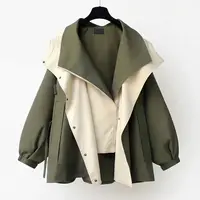 Autumn Chic Women's Windbreaker Contrast Fake Two-Piece Zip Button Wind Coat Belt Hoodie Casual All-Match Trend Outwear Jacket 1