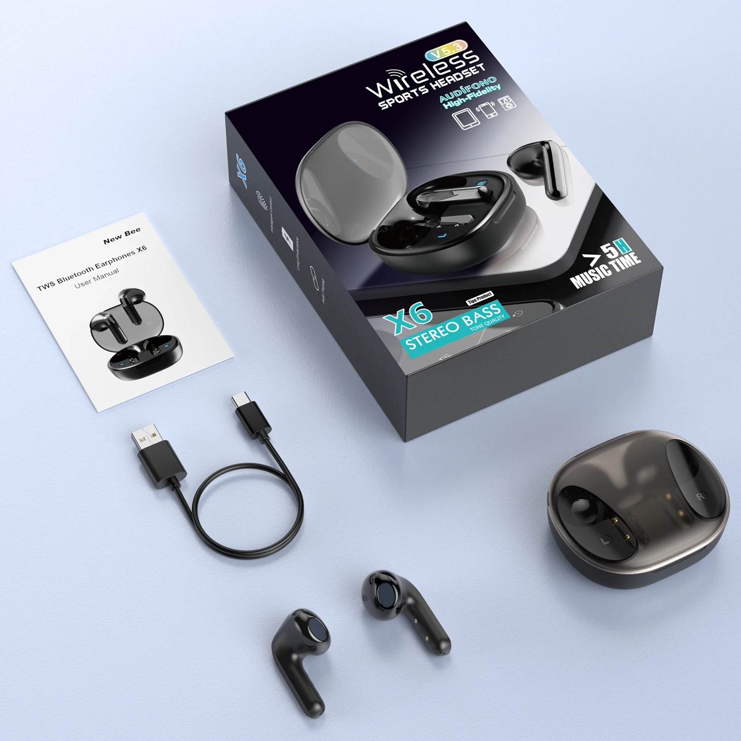 새로운 Bee X6 블루투스 이어폰, V5.3 TWS 무선 헤드셋, 게임 음악 헤드폰, 배터리 수납 미니 이어버드 이어피스