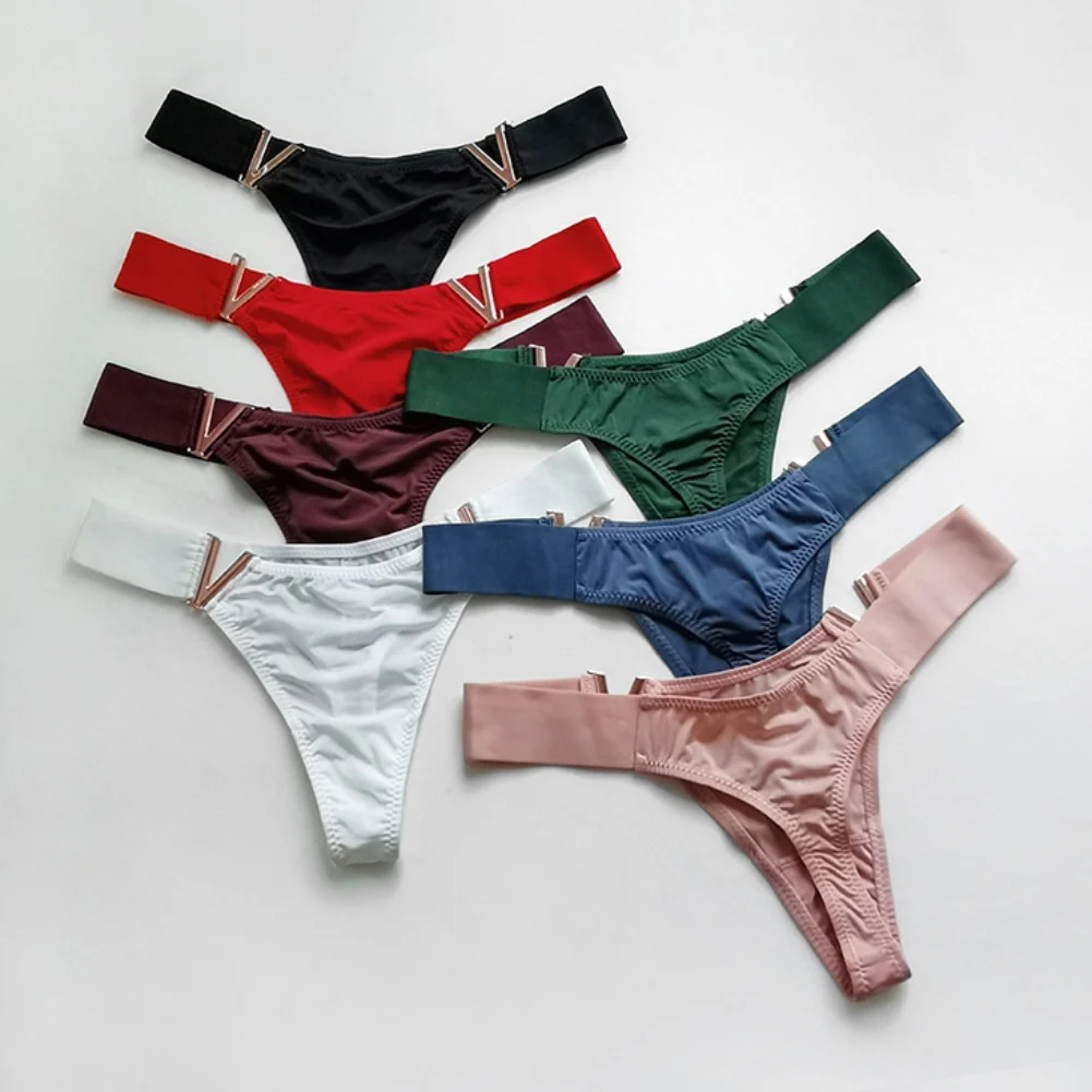 

Women Elegant Thongs Sexy V-Shaped Metal Decor Panties Hip Lifting Low Waist Briefs Breathable Bikini Underpants