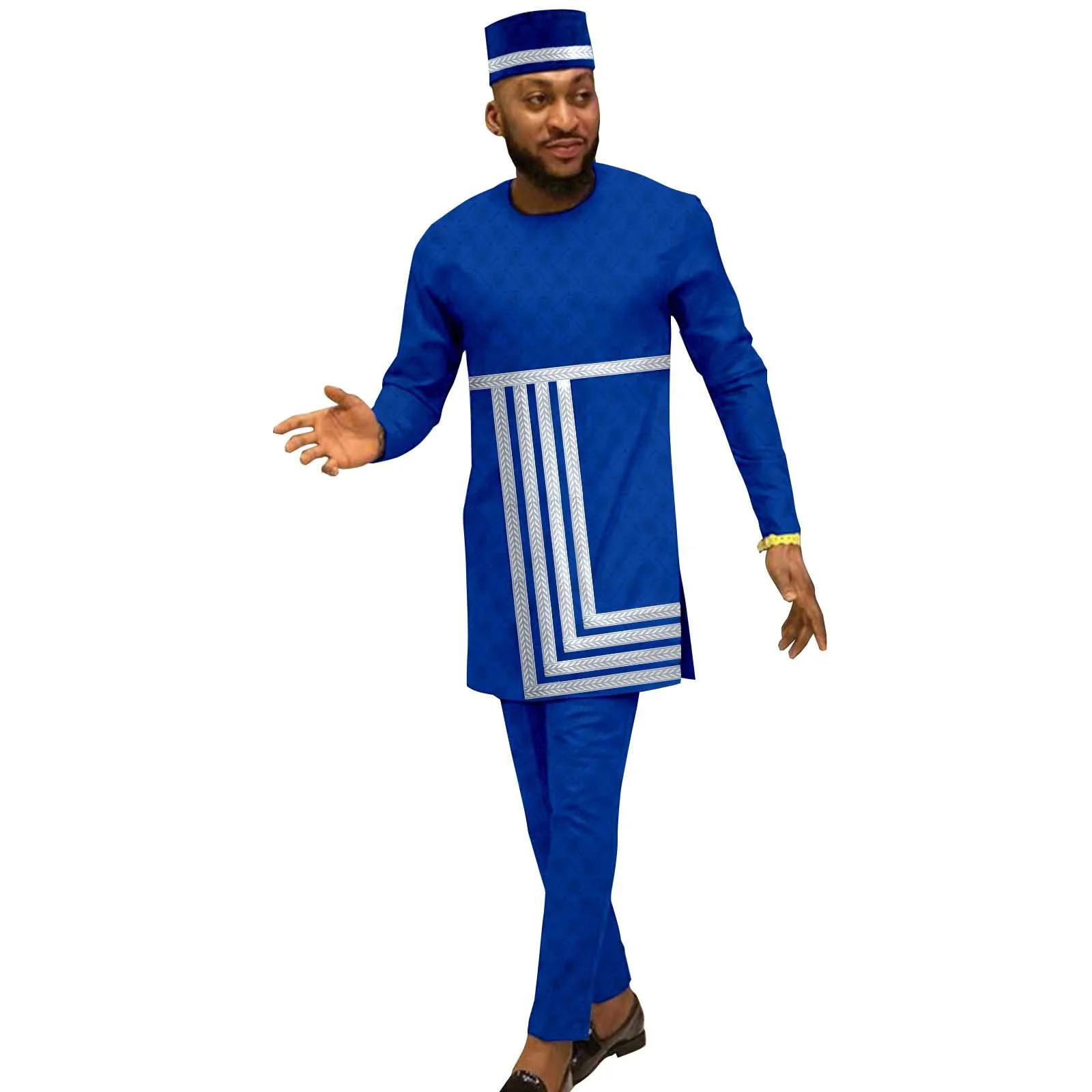 

African Clothing for Men Full Sleeve Ribbon Coats Ankara Pants and Tribal Hat 3 Piece Set Traditional Outfits Plus Size