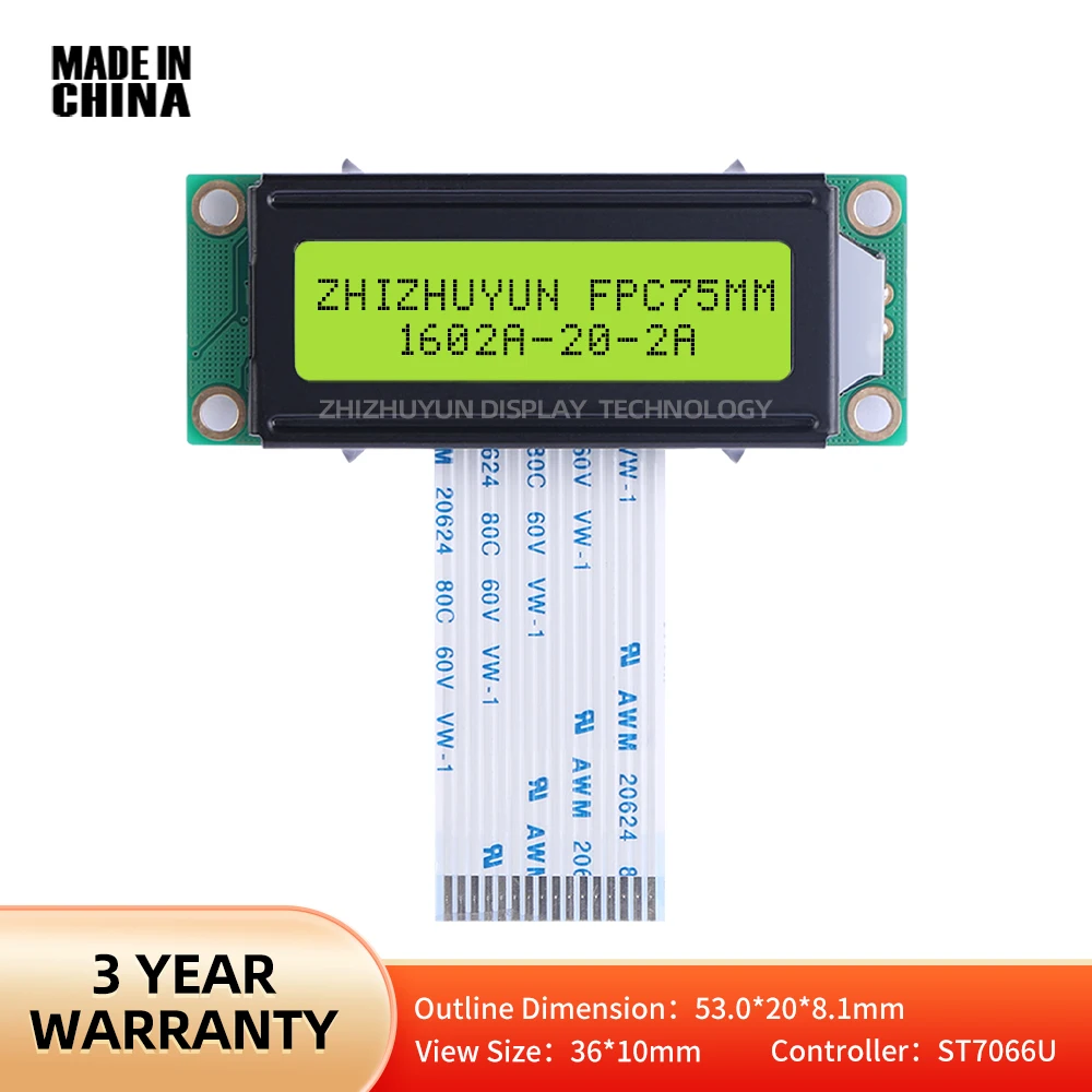 

Spot Goods 1602A-20-2A LCD Screen FPC75MM Yellow Green Membrane 5V Display Module LCM LCD Module Characters
