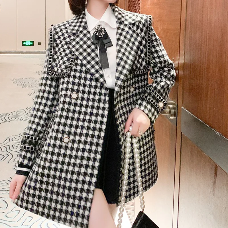 

Vintage Houndstooth Woolen Jacket Women Overcoat 2024 Autumn Winter New Wool Coat Female Outwear Long Double-Breasted Wool Coat