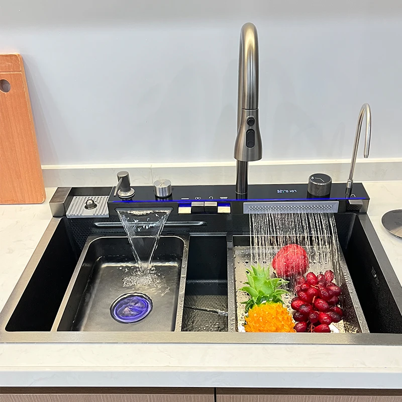 Fregadero inteligente multifuncional de acero inoxidable, pantalla