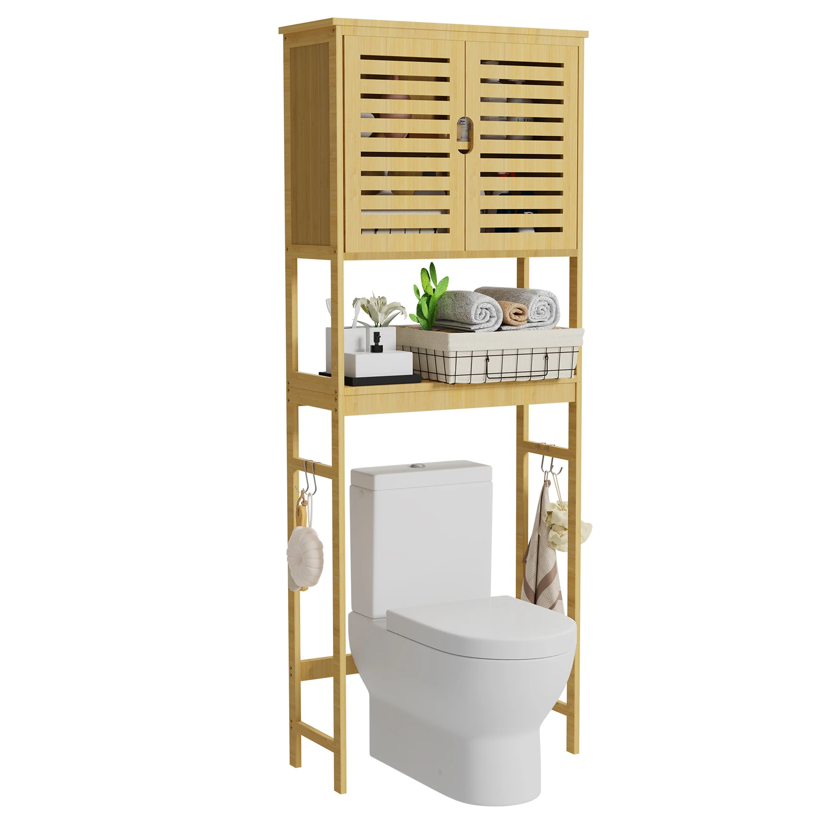 Bathroom storage shelf cabinet bamboo over-the-toilet washing machine organizer rack free standing