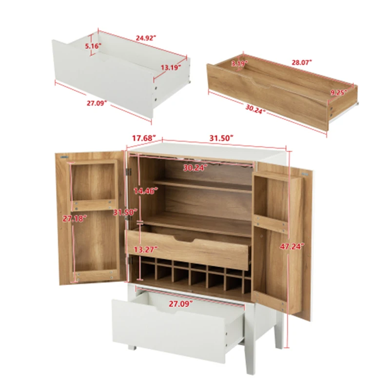 Bar Cabinet,Wine Bar Cabinet,Liquor Storage Credenza,Sideboard with Wine Racks & Stemware Holder,Wine glass holder,White+Brown
