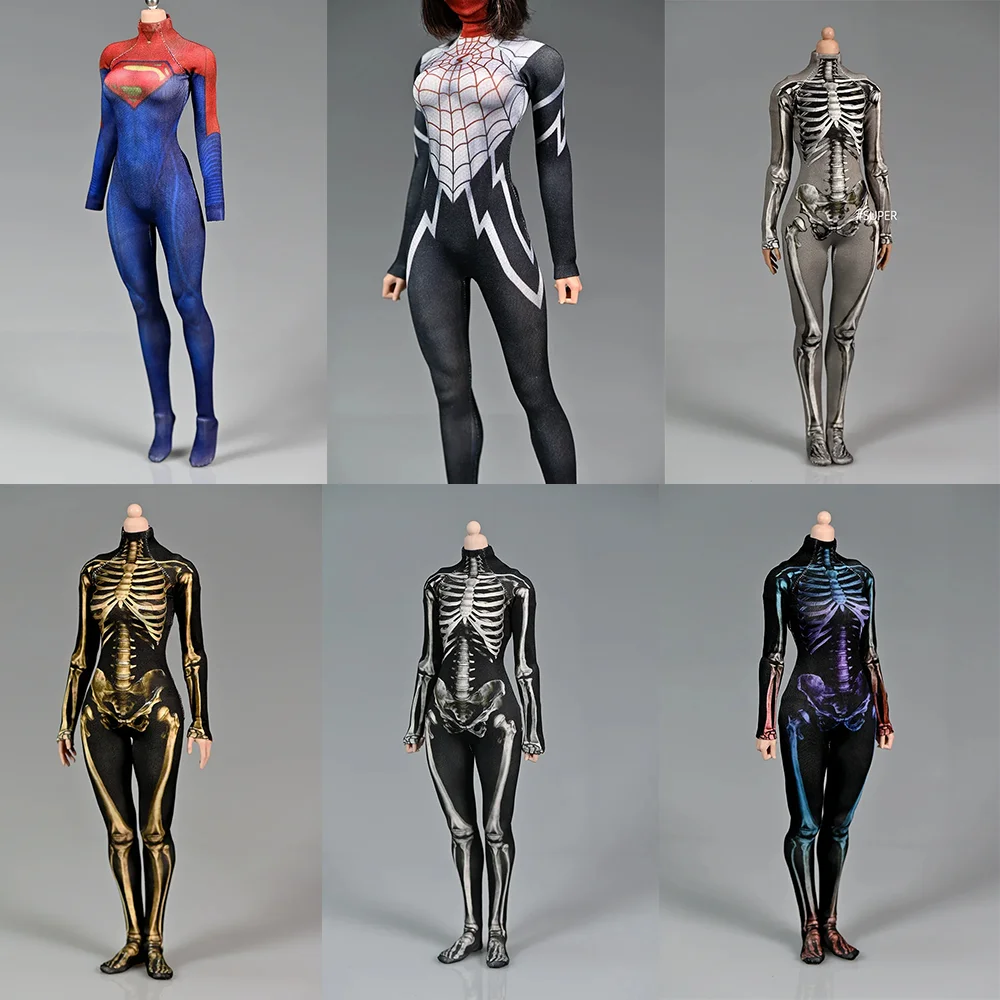 

1/6 Female High Collar Elastic Tight Fitting Skull Skeleton Magic 3D Printing Jumpsuit Cool Bodysuit Fit 12in Action Figure Body