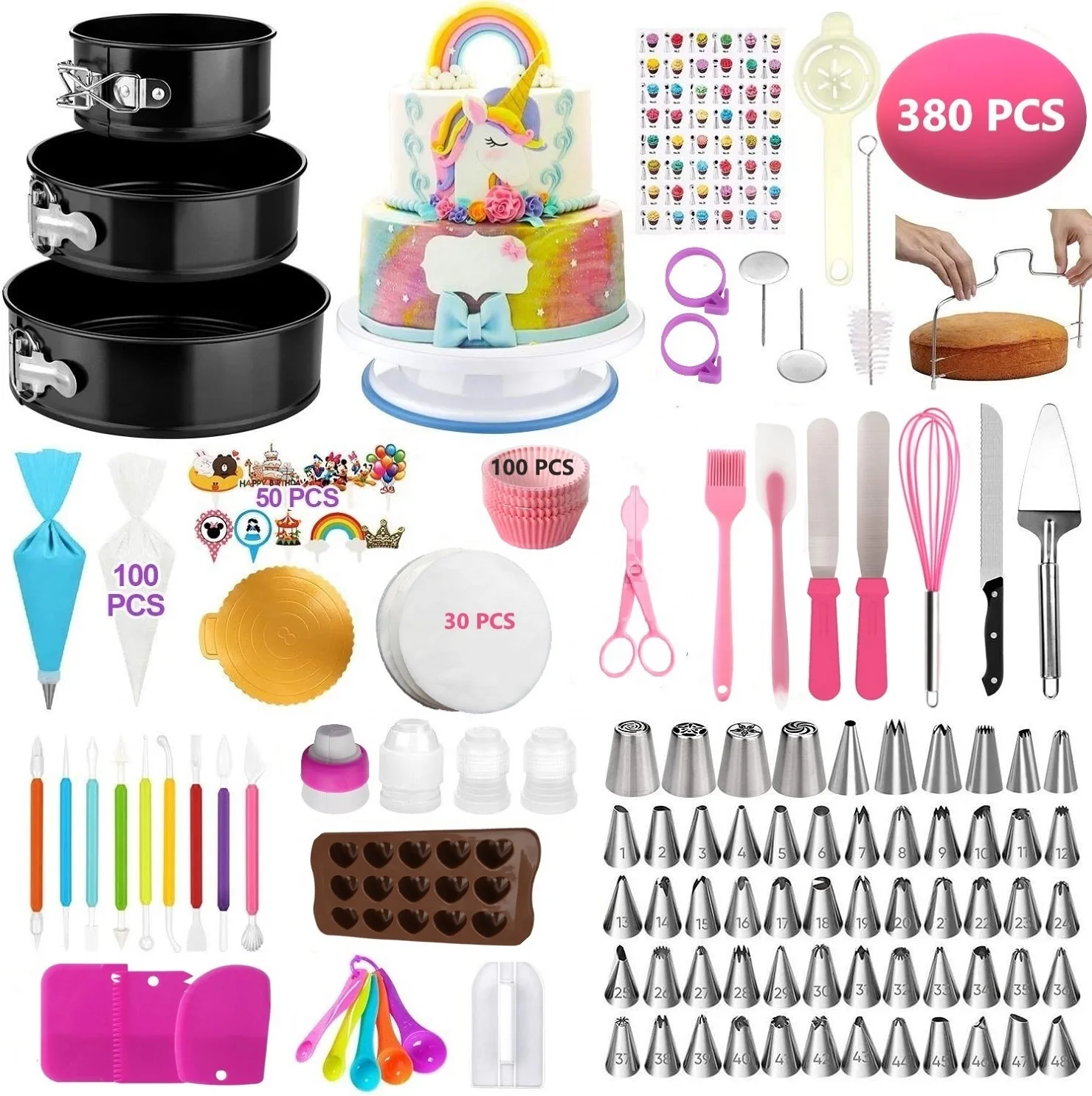 

Cake Decorating Supplies Kit 380pcs Baking Tools Set 3 Cake Pans 1 Turntable 48 Piping Tips 4 Russian Nozzles 8 Fondant Tools