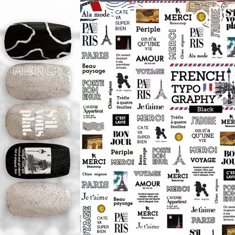 Self-Adhesive Transfer Sliders Wraps Manicures Foils DIY Decorations Black Words Romantic Paris Designs Z0588