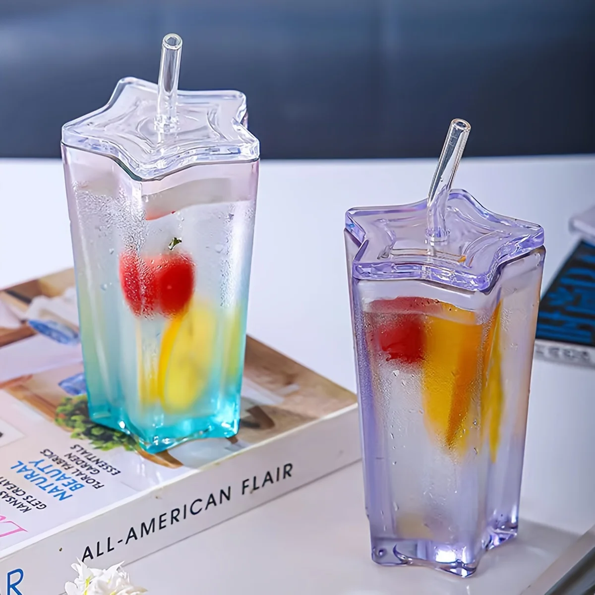 300ml Stylish Star-Shaped Glass Tumbler with Lid Straw Water Cups Glass Water Cup