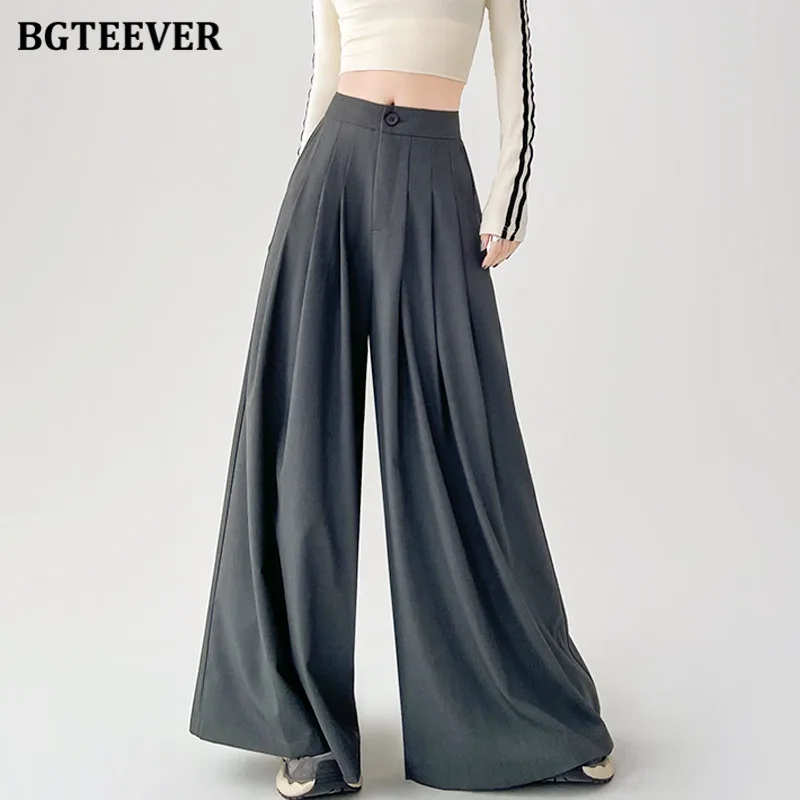 

BGTEEVER Stylish Loose Floor-Length Suit Pants for Women Spring Summer High Waist Single Button Female Wide Leg Trousers