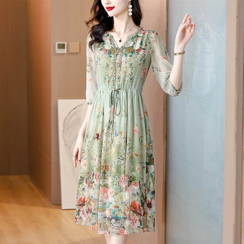 2025 Spring Formal Occasion Floral Silk Luxury Midi Dress Women Vintage Boho Beach Hepburn Prom Summer Elegant Casual Vestidos 4