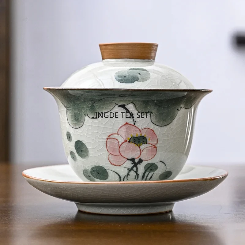 160ml hand-painted lotus ceramic lid bowl handmade ceramic lid bowl household Chinese tea set