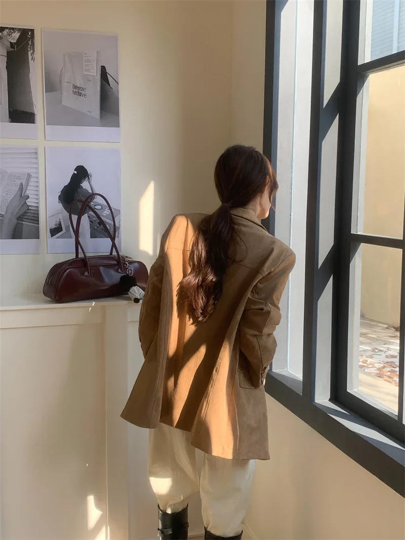Women Jackets Deerskin Linen Suit Coat Spring Blazer Famale Windbreaker Women Tailored Causal Traf Jacket Coats Loose Oversize