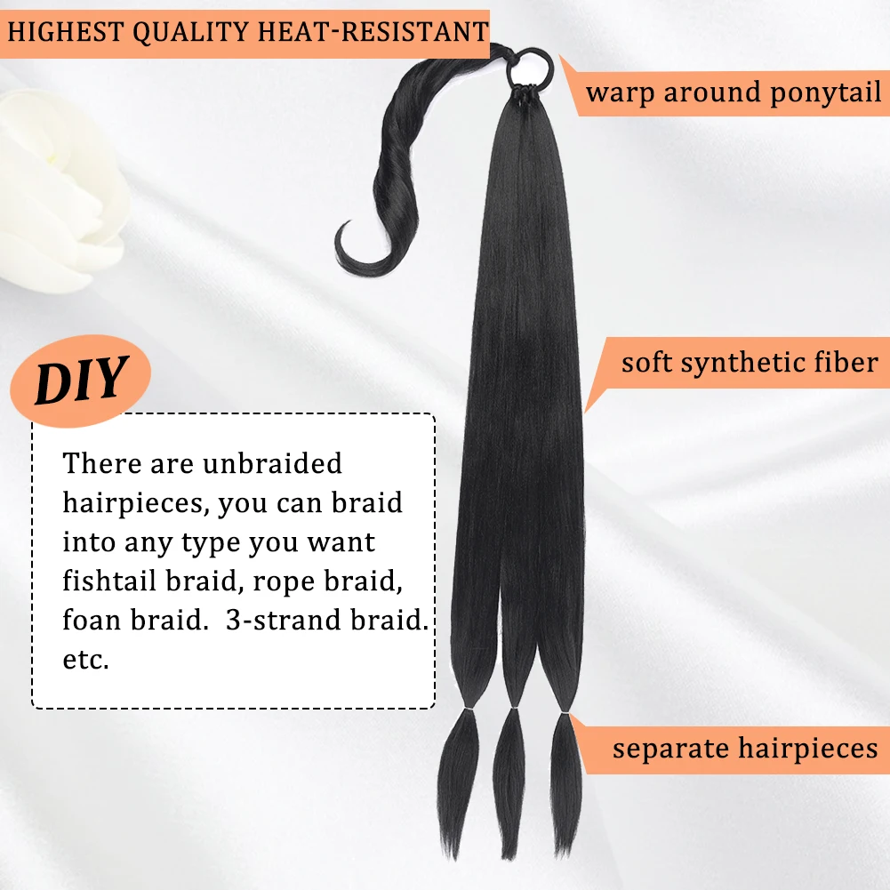 Long DIY Braided Ponytail Extension with Hair Tie Straight Wrap Around Hair Extensions Ponytail Natural Soft Synthetic fake hair extensions