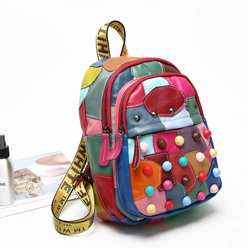 Women's Backpack Soft Genuine Sheepskin Leather Girls Patchwork Portable Colorful Street Travel Bags 6