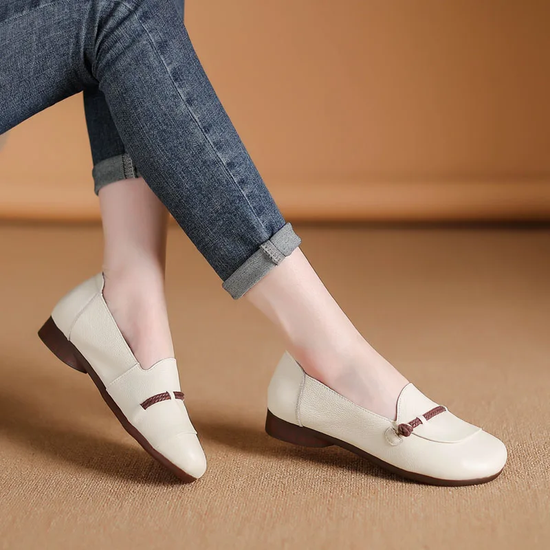 DRKANOL Fashion Shallow Slip-On Loafers Women Flat Shoes Spring Summer Hollow Genuine Leather Soft Bottom Casual Mother Shoes women shoes