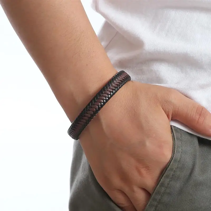 Fashion Punk Men Jewelry Black Braided Leather Bracelet Stainless Steel Magnetic Clasp Fashion Bangles 18.5/22/20.5cm
