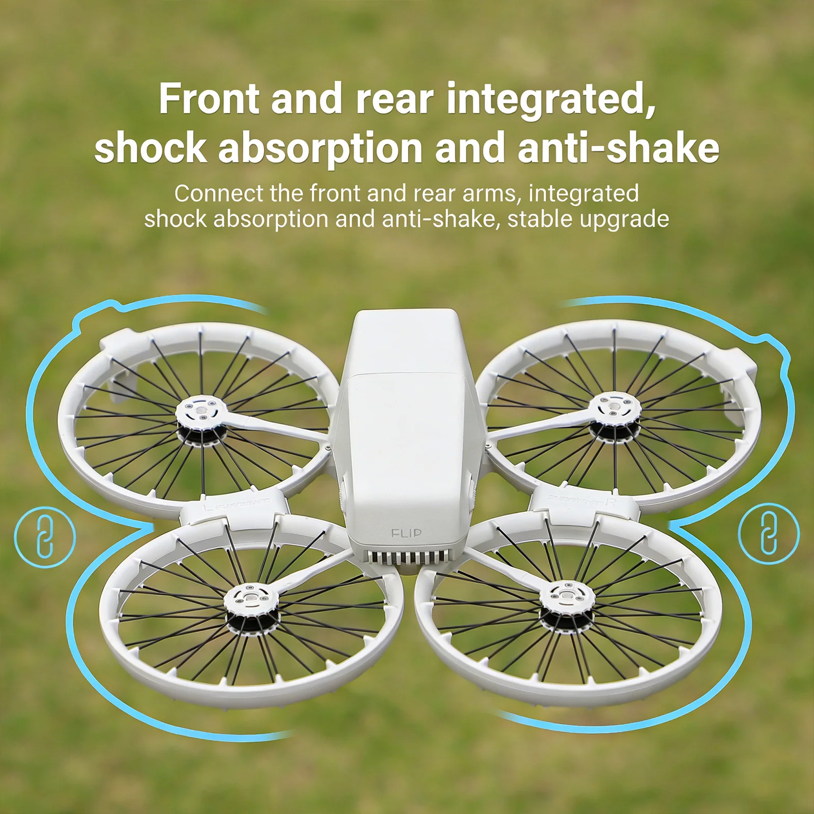 Boucle de fixation antichoc noire montée sur le bras d'un drone DJI Flip, système anti-collision sécurisé.