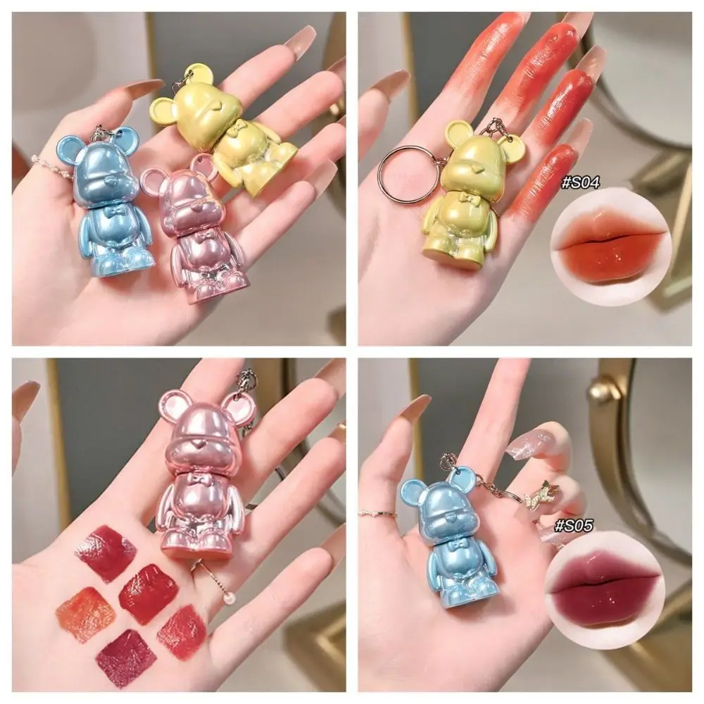Mini Jelly Mirror Lipstick Bear-shaped Moisturizing Lip Gloss Non-stick Cup with Key Chain Long-lasting Lipstick Students