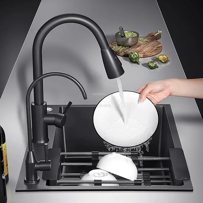 Black Nano Kitchen Sinks Bathroom Sink Stainless Steel Single-slot Undercounter Basin Washbasin Modern Home Kitchen Accessories 3