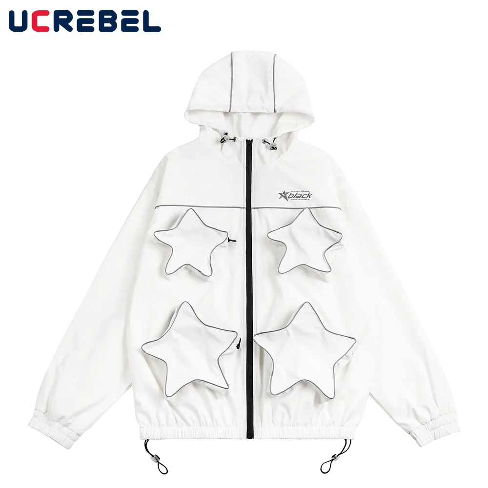 

Star Functional Hooded Jacket Mens Autumn Casual Hem Drawstring Long Sleeve Zipper Outerwear Men