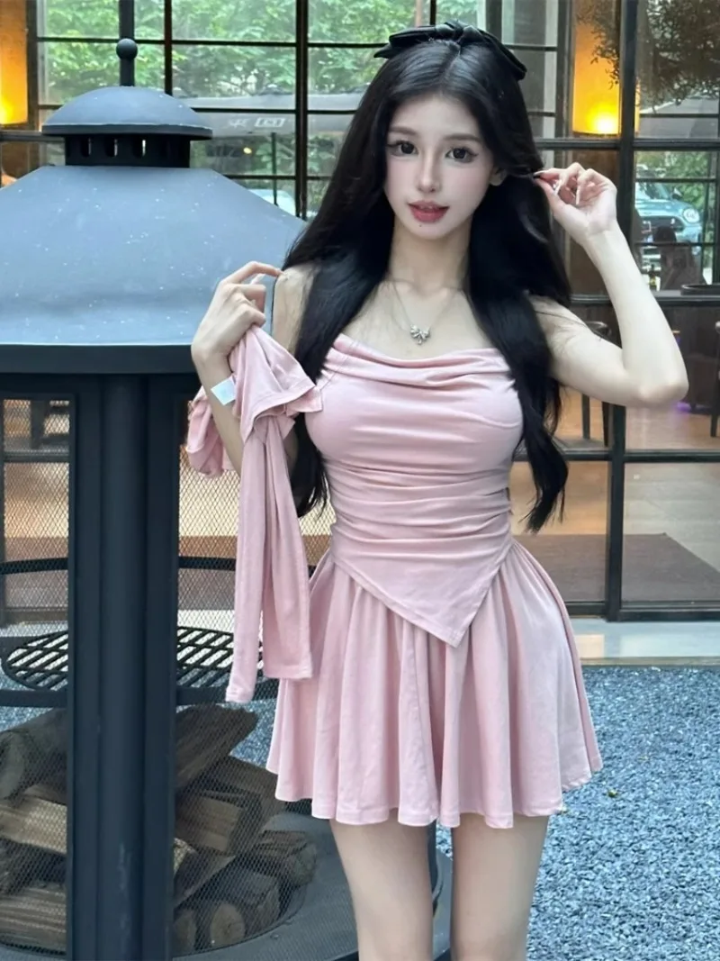 

Sweet Irregular Sling Vest Pleated Skirt Cardigan Three Piece Set Women Spicy Shirring Collarbone College Solid Slim Spring Suit