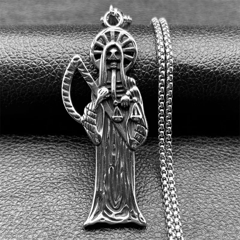 Collana Con Ciondolo Holy Saint Death In Acciaio Inossidabile Santa Muerte Grim Reaper Donna Uomo Gioielli Con Teschio Falce Vintage Color Argento - Foto 7