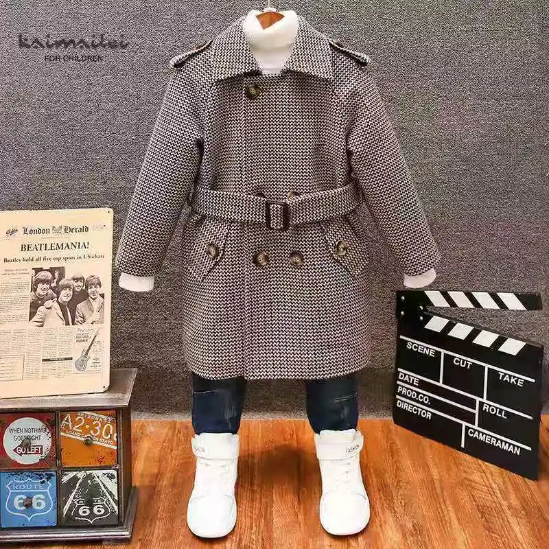 Boy Wool & Blends Woolen Jackets Autumn New Fashion Wave Pattern Solid Turn Collar Belt Kids Children Outerwear & Coats