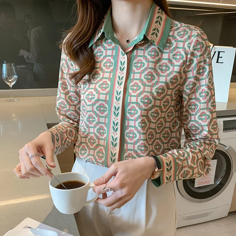 Satin Printed Casual Blouses for Women, Silk, Loose, Fashionable, Long Sleeve, Turn-Down Collar, Summer, New 2024 Korean