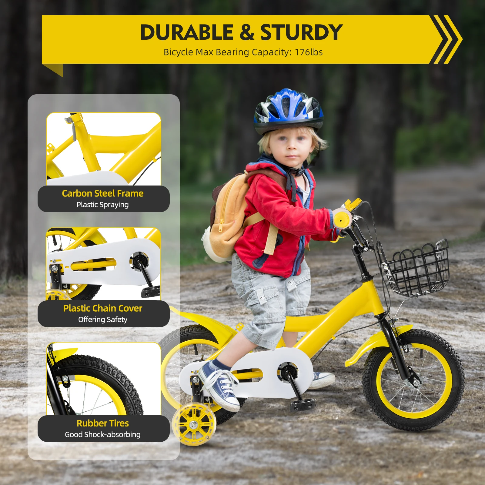 WINPANG Kinderfahrrad 12 Zoll – Mit Stützrädern, Doppelbremse & Sicherheitsdreieck – Für Kinder 3-6 Jahre (Gelb)