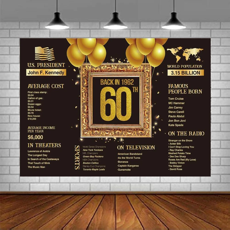 

Photography Backdrop 60th Birthday Banner Back In 1962 Balloons Photo Frames Background Decorations Black Gold Party Supplies