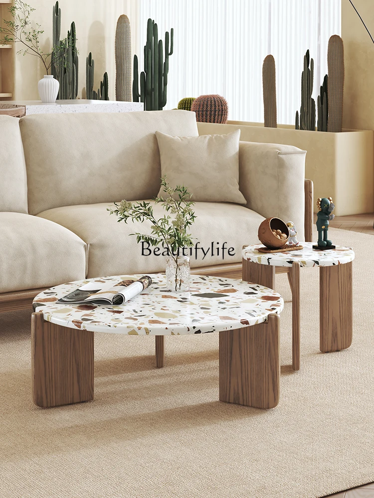 

Nordic Solid Wood Size round Coffee Table Combination Ash Terrazzo Sofa Misty Style Designer