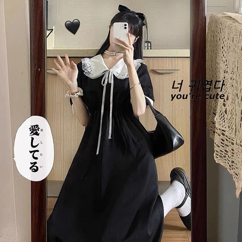 

Korean Fashion Summer Blakc Lolita Dress for Women Long Midi Chiffon Dress Casual Japanese Kawaii Party Birthday Dress 2022